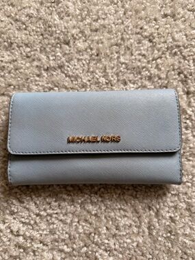 Michael Kors Powder Blue Saffiano Leather Wallet with Gold Logo
